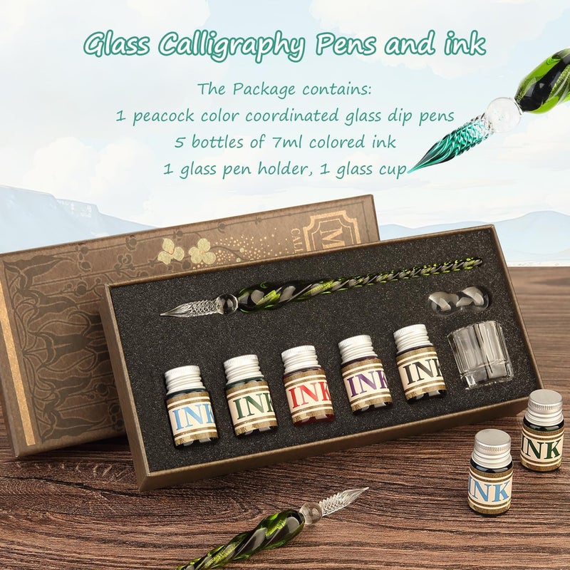 mancola Glass Dipped Crystal Calligraphy Pen Set with 5 Colorful India Ink, 1 Pen Holder, 1 Cleaning Cup, Ink Drip Tool, Signatures, Drawing, Decoration Kits for Beginners - Image 2